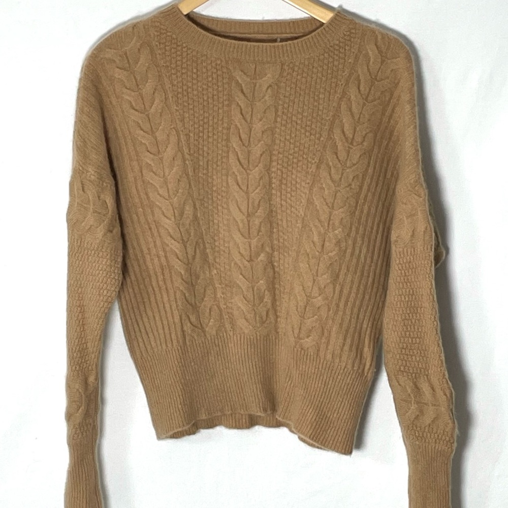 100% Cashmere Camel Brown Cable Knit Sweater Neutral Minimalist Small